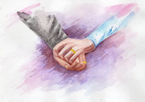 Suluboya ile boyanmış alyansları olan yeni evlilerin elleri.