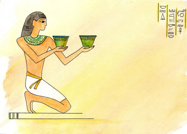 Египтянин Двумя Бокалами Вина Фоне Желтого Папируса Празднование — стоковое фото