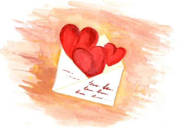 Röda Hjärtan Ett Kuvert Alla Hjärtans Dag Kort Med Hjärtan — Stockfoto