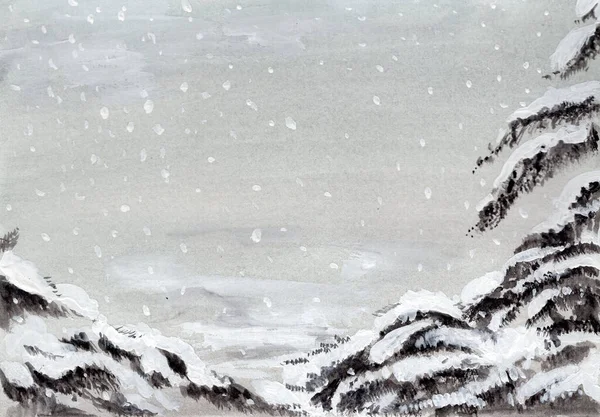 Siyah beyaz kar altında ladin dalları, gri bir zeminde kar yağışı.