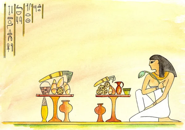 Masadaki Mısırlı Kadın Masalar Şenlikli Tabaklarla Kaplı — Stok fotoğraf