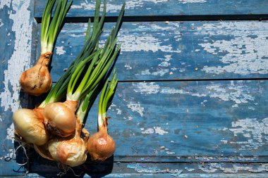 Mavi ahşap arka planda yeşil soğanlar, mavi masada sebzeler..