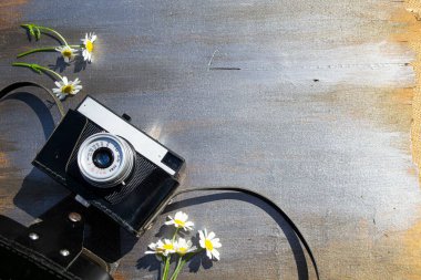 Ahşap bir arka planda çiçekli Retro kamera