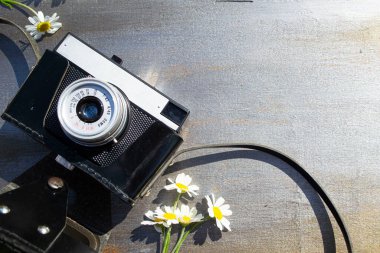 Ahşap bir arka planda çiçekli Retro kamera