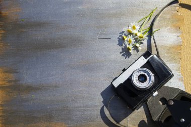 Ahşap bir arka planda çiçekli Retro kamera