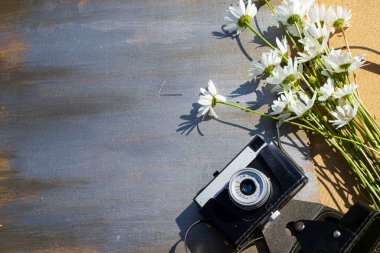 Ahşap bir arka planda çiçekli Retro kamera