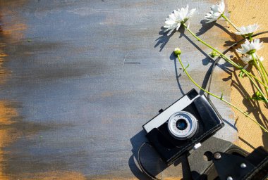 Ahşap bir arka planda çiçekli Retro kamera