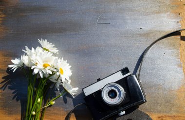 Ahşap bir arka planda çiçekli Retro kamera