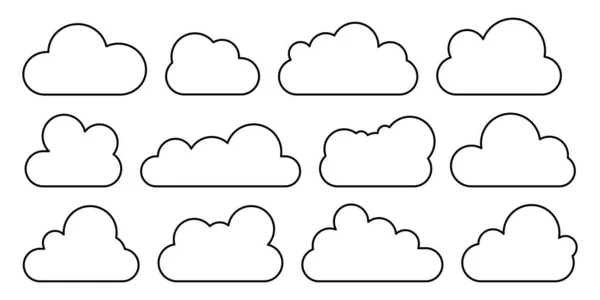 Ein Satz Linearer Vektorwolken Isoliert Auf Weiß Wolkensymbole — Stockvektor