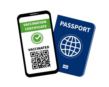 Bir telefon ve pasaportun aşı sertifikası. Coronavirus aşısı. Güvenli seyahat kavramı