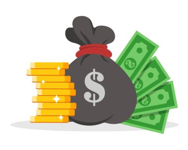 Yeşil Dolarlar ve Altın Paralar ile Vektör Para Çantası. Düz finans ve iş illüstrasyonu