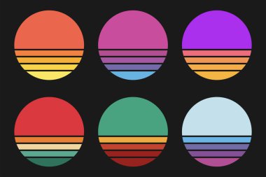 Koyu arkaplanda güneş koleksiyonu var. Günbatımı vektörünü geri al.