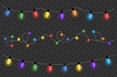 Çelenk ışıkları koleksiyonu ve parlayan parti dekorasyon ampulleri. Karanlık arkaplanda izole edilmiş vektör şenlik dekorasyonu.
