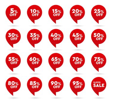 İndirimli çıkartmalar, yüzde indirimli. İndirim% 5 'ten% 95' e düştü. Vektör satış etiketleri beyaza izole edildi