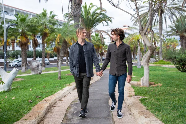 同性恋夫妇手牵着手散步 恋爱中的男人在散步时互相望着对方 同性伴侣在户外 爱情和融合的概念 — 图库照片