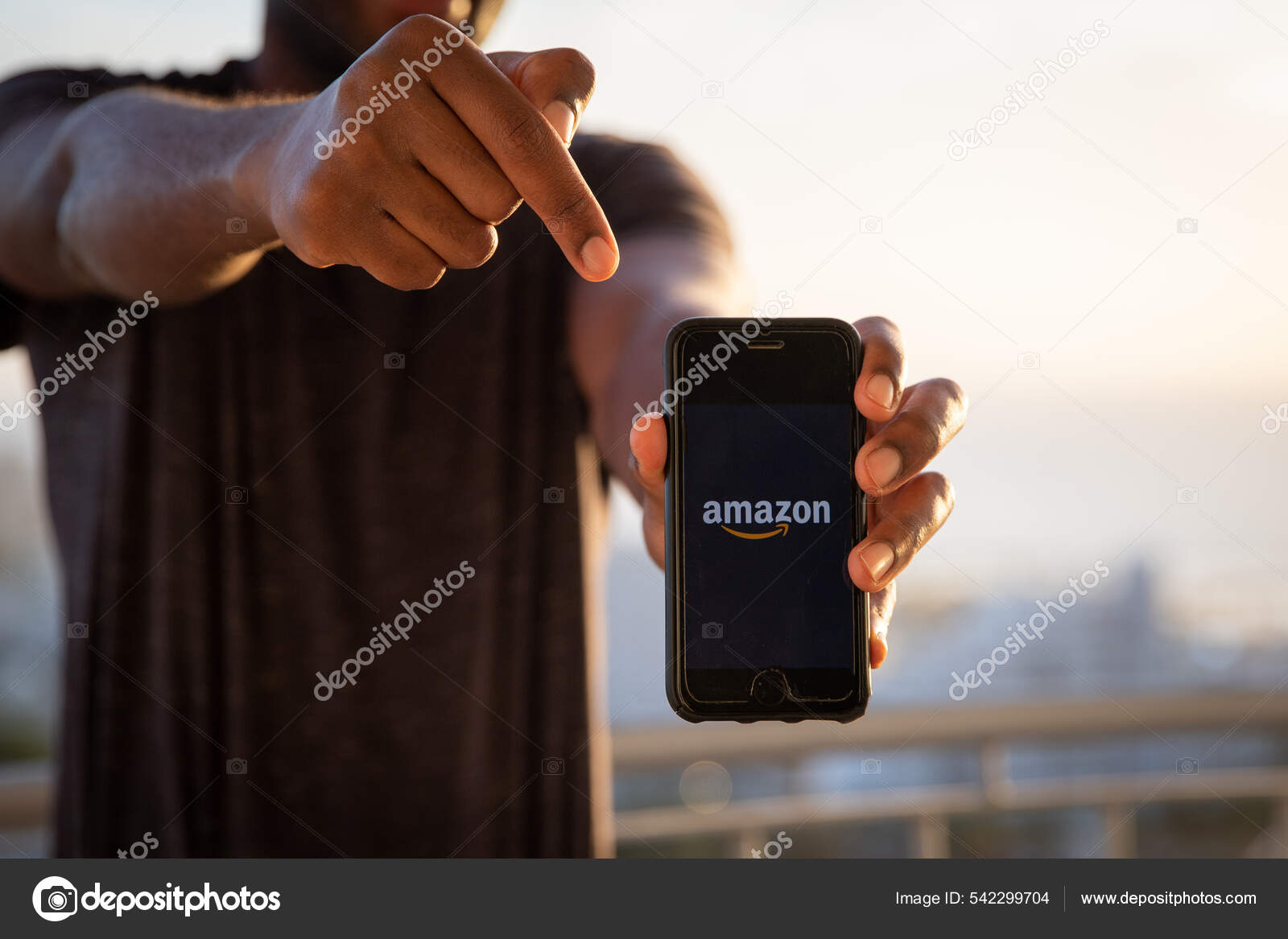 Man Holds Smartphone Amazon Logo American Multinational Technology ...
