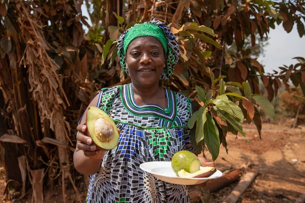 African Farmer Grows Avocado She Happy Satisfied Her Harvest — Stock Photo, Image