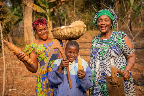 Grupa Afrykańskich Rolników Bawi Się Polach Mają Motyki Rękach Gotowi — Zdjęcie stockowe