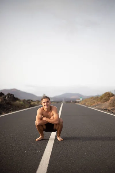 Young Good Looking Slavic Boy Squats Middle Road Very Happy — Foto de Stock