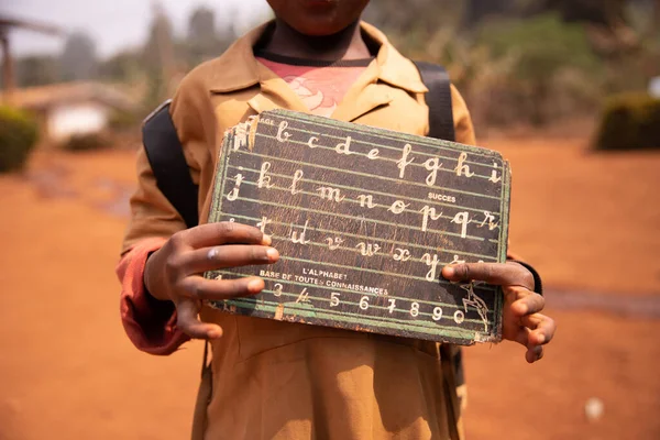 African Child Shows His Blackboard Alphabet Numbers Engraved Educational Concept — Photo