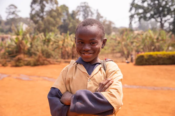 Smiling Happy Little African Schoolchild Syndrome Alone Schoolyard — Fotografia de Stock
