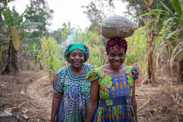 Two peasant women in the fields dressed in traditional african clothes have just harvested a pumpkin, women and work in africa