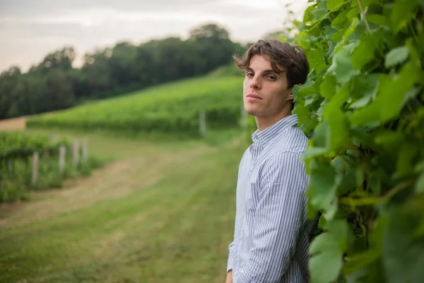 Handsome young man leaning against the vineyard gets a photo shoot at the countryside.