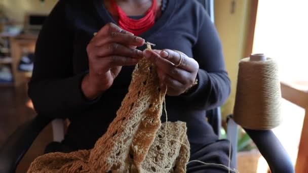 Mains Une Femme Faisant Une Robe Crochet Processus Tricot Fil — Video