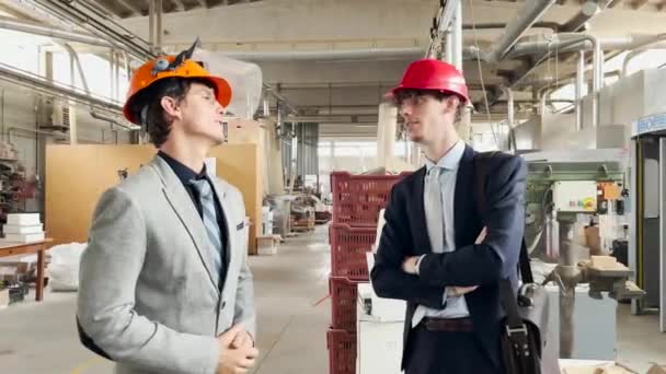 Twee Ingenieurs Dragen Veiligheidshelmen Praten Het Werk Fabriek — Stockvideo