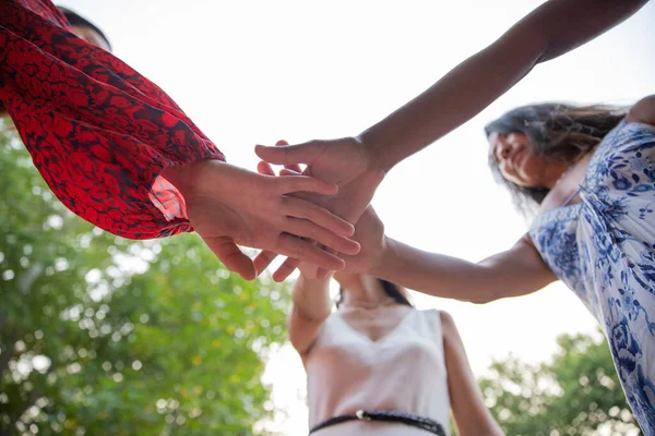 Group Young People Joining Hands Manifest Power Friendship —  Fotos de Stock