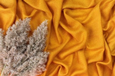  Altın tekstil arka planında sazlık yaprakları buketi ya da pampa otundan bitki tasarımı. Düz yatış, üst görünüm