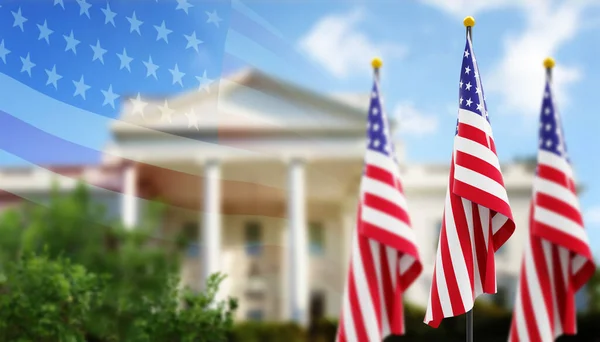 American flag on the background of the White House. United States of America flag day background. Veterans Day USA. USA Independence Day American flag background.