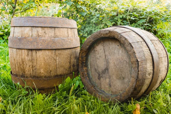 Two old wood barrel bear outdoor on grass