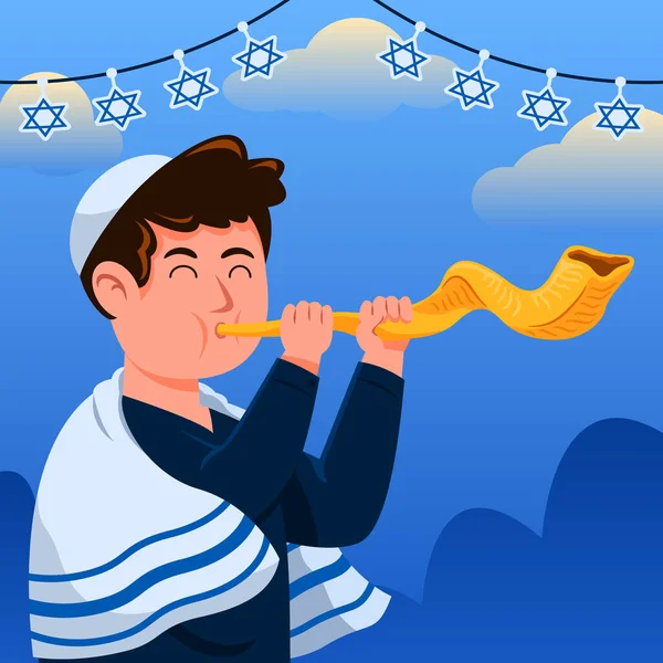 Religieuze Joodse Blazen Een Shofar Vieren Rosh Hashanah — Stockvector