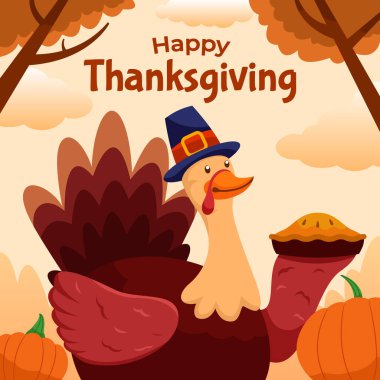 Turkey bird presenting apple pie on Thanksgiving day.