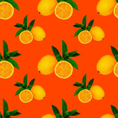 Kırmızı zemin üzerinde limon ve nane yaprakları olan geniş kare desenli tasarım ve reklamlar için.