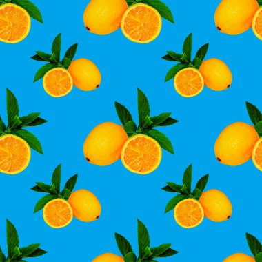 Büyük, kare desenli limon ve nane yapraklı mavi arka planda, tasarım ve reklam için.