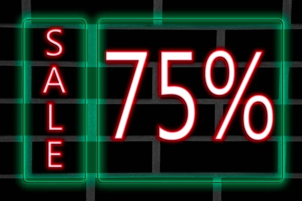 Pink neon inscription 75 percent discount in green neon frame on brick wall background