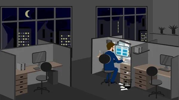 一个上班族深夜一个人在一个空荡荡的办公室里工作 人们离职后 有一个人仍留在工作场所 这是对工作单位的一个生动例证 — 图库矢量图片