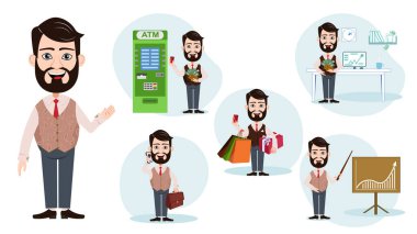 İş adamı gibi bir çizgi film adamı. Vektör, karikatür işadamı görüntüsüyle ayarlandı. Animasyon için iş adamı. Paralı, programlı, telefonlu ve ATM 'nin yanında kredi kartı olan bir karikatürist.