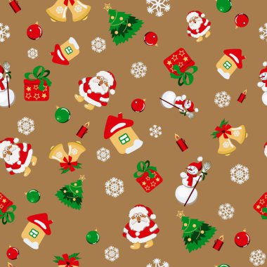 Yılbaşı ve Noel özellikleriyle kış deseni. Noel resimlerinin olduğu kusursuz bir şekil. Noel Baba, Noel ağacı, mum, çanlar ve diğerleri..