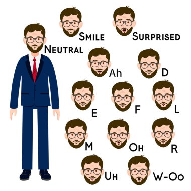 Bıyıklı bir karakterin konuşmasını canlandırmak için ağız ve dudaklar. Konuşmaları ve duyguları canlandırmak için bir grup adamın yüzleri. Farklı dudak ifadeleri olan bir kişinin vektör çizimi