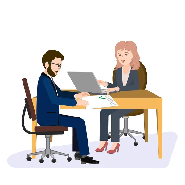 Client Est Assis Table Face Fille Qui Travaille Dans Bureau — Image vectorielle