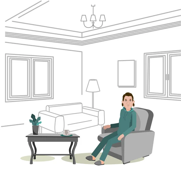 家庭環境と家庭用の服を着た男が椅子に座っている アニメの男のベクトルイラスト コーヒーテーブルの横にあるアームチェアの居心地の良い雰囲気の家に座っている男 — ストックベクタ