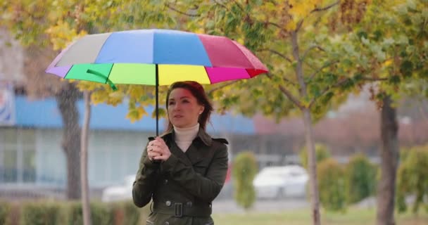 Žena schovaná pod deštníkem před deštěm, zpomalená — Stock video