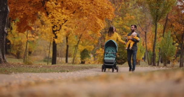 Młoda rodzina spacerująca z wózkiem dziecięcym w jesiennym parku — Wideo stockowe