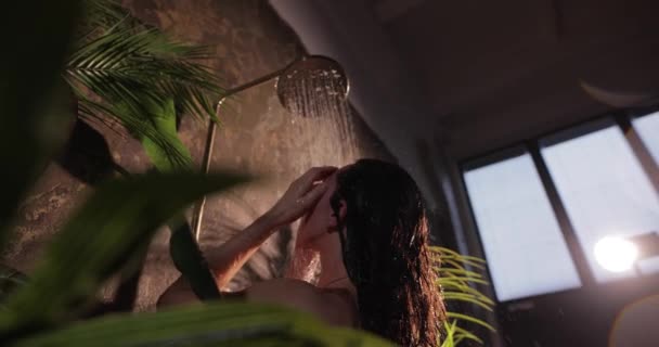 Donna sexy sotto la doccia tropicale, rallentatore — Video Stock