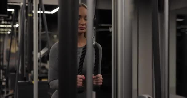 Fit femme faire de l'exercice sur bloc pour triceps dans la salle de gym — Video
