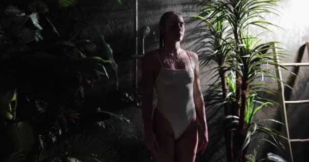 Mujer sexy en ducha tropical, cámara lenta — Vídeos de Stock