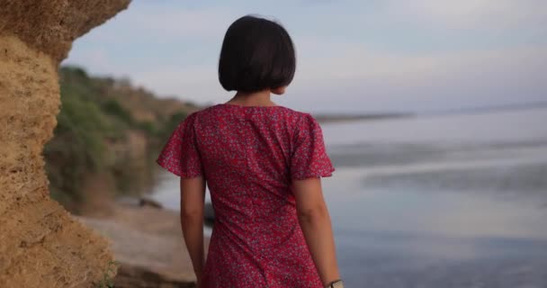 Kvinnlighet Och Attraktivitet Vacker Kvinna Vänder Tillbaka Ansikte Promenader Stranden — Stockvideo